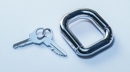 Two metallic keys next to a square metal loop on a light blue background.