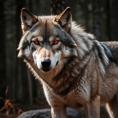 Obraz premium Intense Gray Wolf Portrait: Fierce Gaze, Glowing Eyes