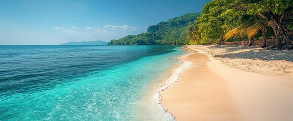 Obraz premium Idyllic Tropical Beach Scene Turquoise Waters, White Sand, and Lush Green Foliage