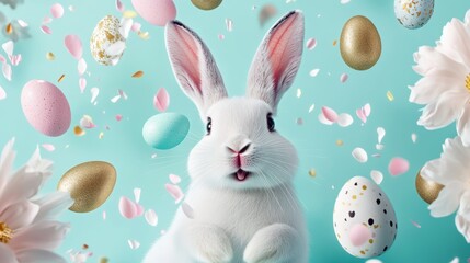 Obraz premium A charming white rabbit poses gracefully before a colorful array of Easter eggs, symbolizing the joy and renewal of the holiday season.