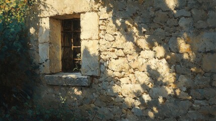 Sunlight pours over the stone wall, casting soft shadows and revealing the subtle details of the stones texture.