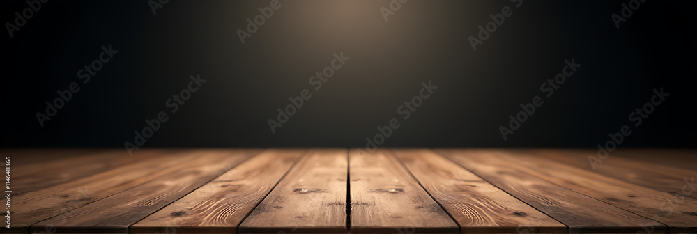 Poster A real wood table top texture on a dark room interior design background for product display and design visuals creation._00002_