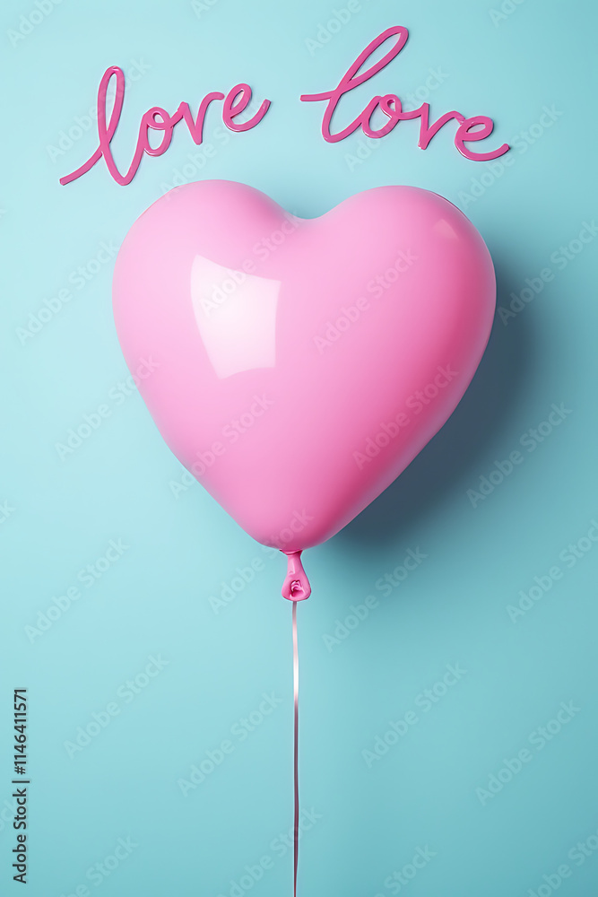 Poster a pink balloon in a heart shape floats against a calm blue background with endearing handwritten lov