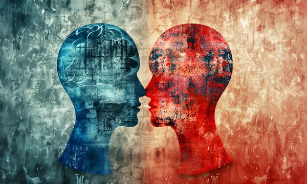 Two silhouetted heads facing each other, one blue, red, on abstract background