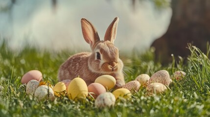 A cheerful rabbit rests in lush grass surrounded by colorful Easter eggs, symbolizing the joy and renewal of the Easter season.