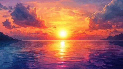 Fototapeta premium A vibrant sunset over calm waters, creating a serene and picturesque landscape.