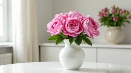 A bouquet of peonies stands in a white vase on a table in the room