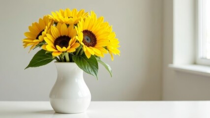 A bouquet of sunflowers stands on the table in a white vase