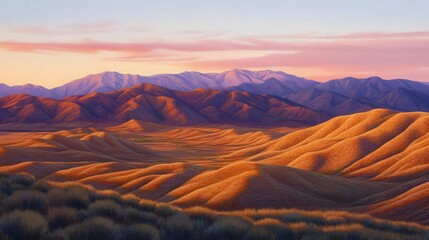 Naklejka premium the mountain peaks to gold, casting long shadows across the valleys, while the sky deepens in warm tones of pink