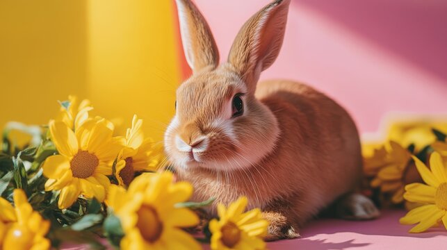 A cheerful rabbit rests among vibrant flowers on a soft pink background, embodying the spirit of Easter celebration and renewal.