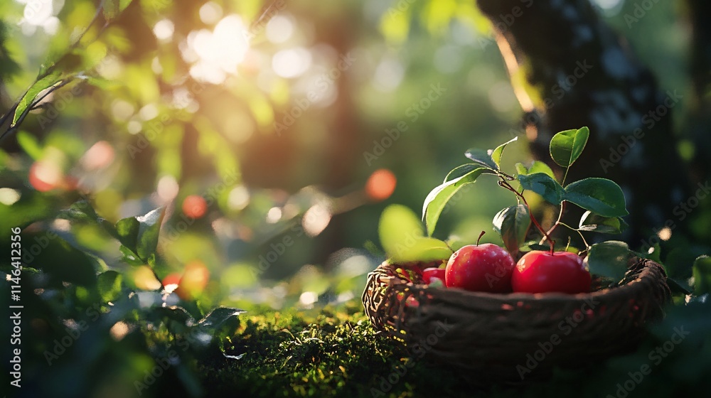 Aufkleber red apples resting in a basket under an apple tree at sunset