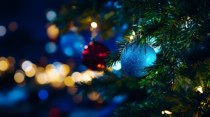 A close-up of a Christmas tree branch adorned with several shiny red ornaments. The background is a blurred, deep blue with warm, out-of-focus lights, creating a festive bokeh effect.