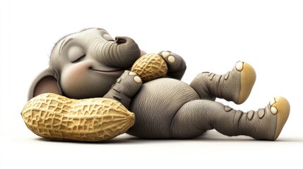Cute cartoon baby elephant sleeps soundly beside and holds a peanut.