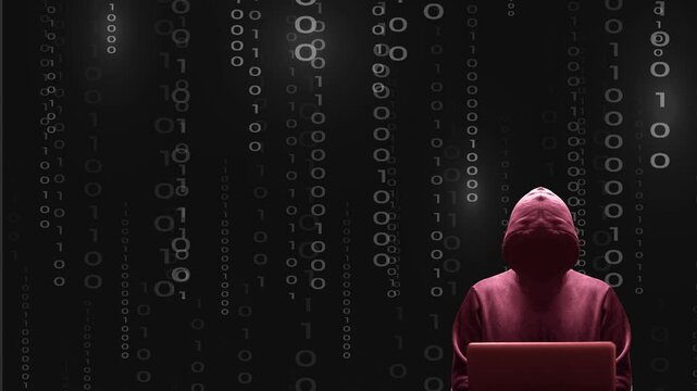 Silhouette rouge d&eacute;cal&eacute;e sur la droite du cybercriminel devant son &eacute;cran d'ordinateur portable sur fond de donn&eacute;es binaires anim&eacute;es noires
