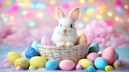 A white rabbit rests in a basket filled with colorful eggs, symbolizing the joy and renewal of Easter celebrations.