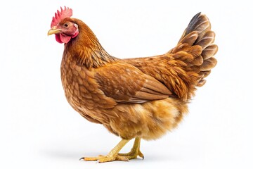 Fototapeta premium Aerial View Brown Hen, Isolated White Background, Full Body Chicken Photo, Poultry Farm Image, Stock Photography