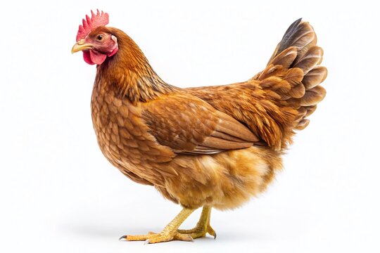 Aerial View Brown Hen, Isolated White Background, Full Body Chicken Photo, Poultry Farm Image, Stock Photography