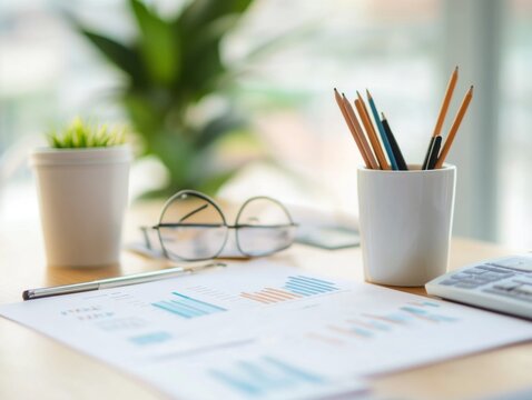 A minimalist workspace with a vision board, savings goals, motivational quotes, and budget charts