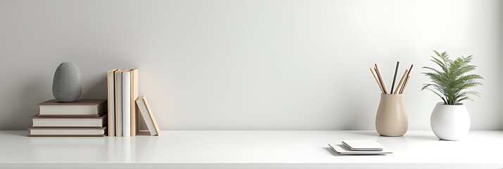 A minimalist workspace setup featuring a blank desk with carefully arranged office accessories to boost business motivation and inspiration._00003_