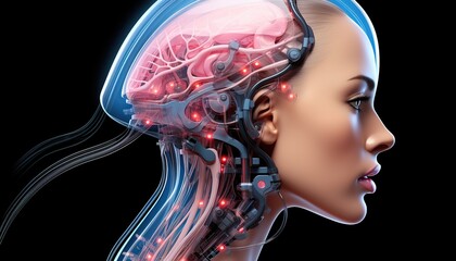 Obraz premium Abstract head of the humanoid robot android in futuristic low poly wireframe style