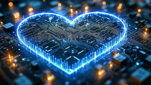 Digital heart formed by glowing circuits on a microchip background in vibrant blue tones