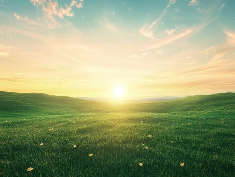 A peaceful landscape with a vibrant green meadow and sun rising over the horizon, symbolizing harmony