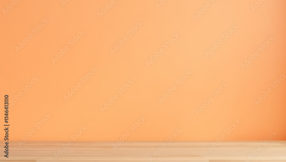 Poster a minimalist wooden tabletop is displayed against an orange pastel colored background with a complet