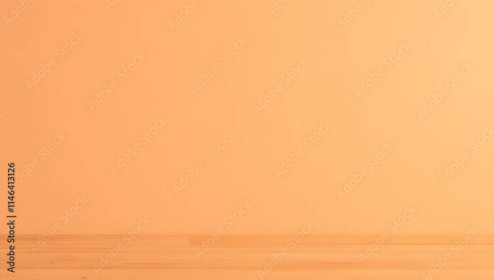 Poster a minimalist wooden tabletop is displayed against an orange pastel colored background with a complet
