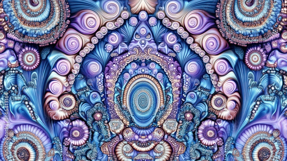 Poster a vibrant, abstract design featuring swirling patterns and intricate details in blue and purple hues