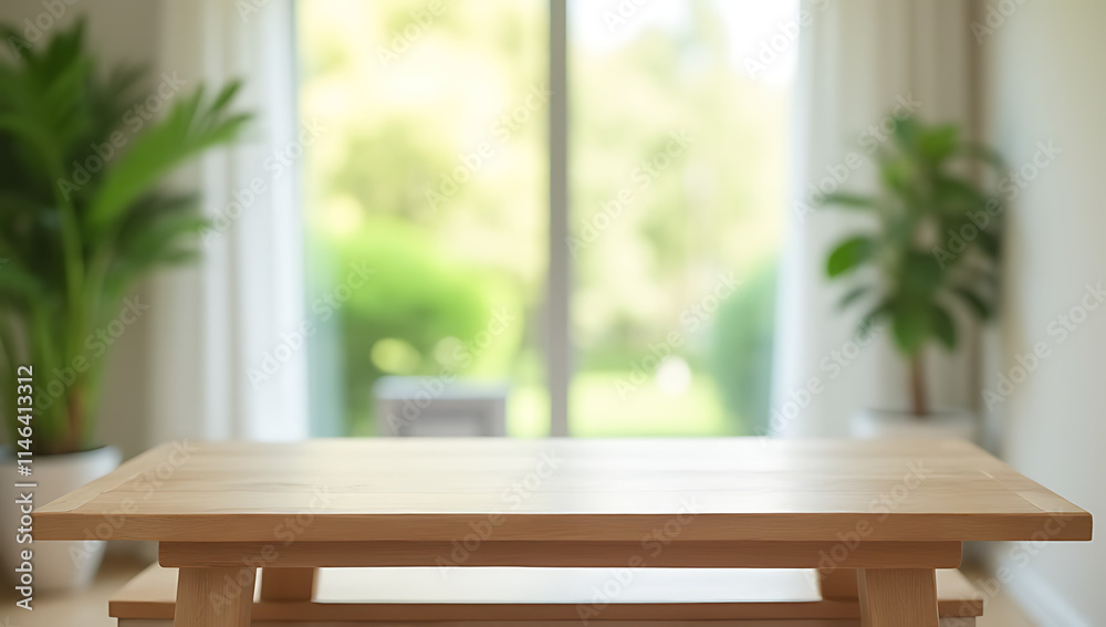 Poster a minimalist wooden table sits empty in a room with a blurred curtain behind it, showcasing fresh gr