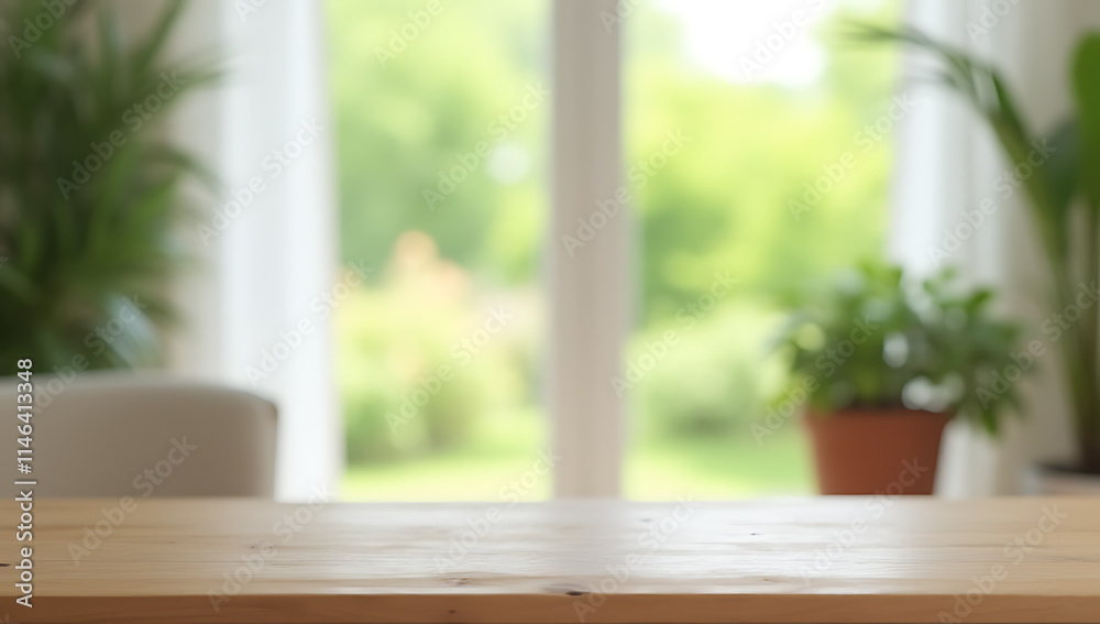 Poster a minimalist wooden table sits empty in a room with a blurred curtain behind it, showcasing fresh gr