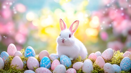 A white rabbit sits playfully among a colorful assortment of Easter eggs, embodying the spirit of the holiday celebration.