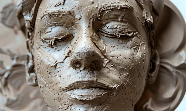 Close-up of person's face covered in thick white paint or clay, with eyes closed