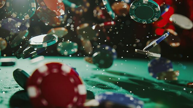 Poker Chips Falling on a Green Table