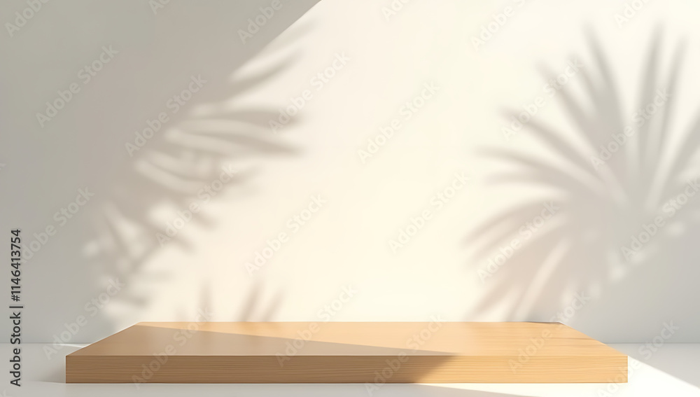 Aufkleber a minimalist wooden table or product display platform design features a shadow of palm leaves on a s