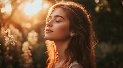 Beautiful young woman enjoying golden sunlight in nature with closed eyes