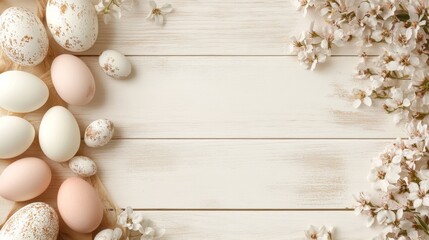 Colorful eggs and vibrant flowers arranged on a white wooden background, creating a festive atmosphere perfect for Easter celebrations.