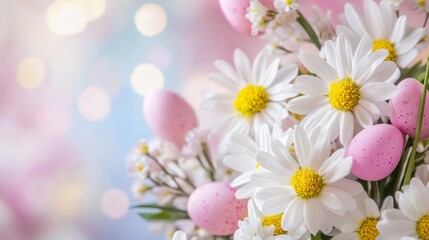 Obraz premium A beautiful arrangement of white and pink flowers intertwined with colorful Easter eggs, symbolizing the joy and renewal of the Easter season.