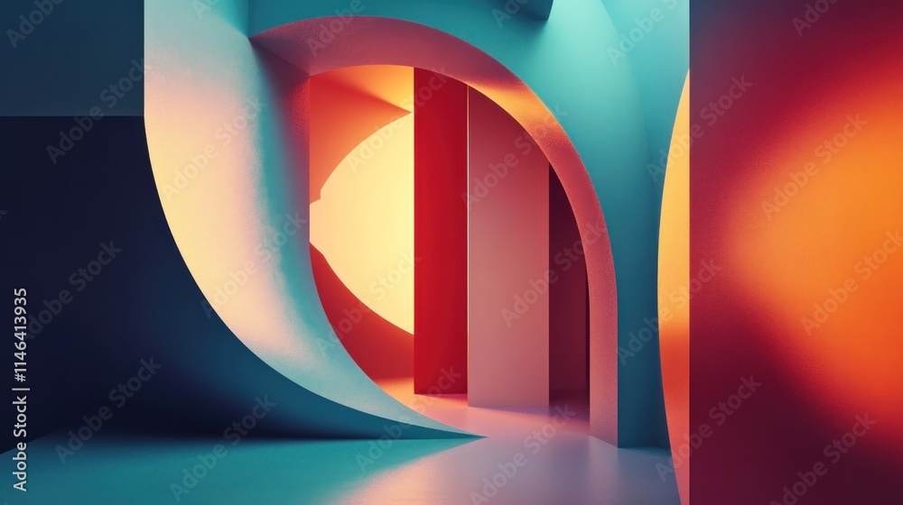 Aufkleber a vibrant, abstract space with curved forms and colorful lighting.