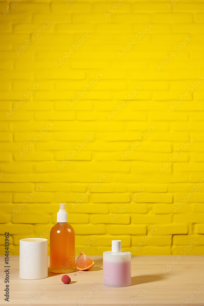 Aufkleber A minimalist setup features a plain wooden table against a bright yellow brick wall for product displays and key visuals._00003_