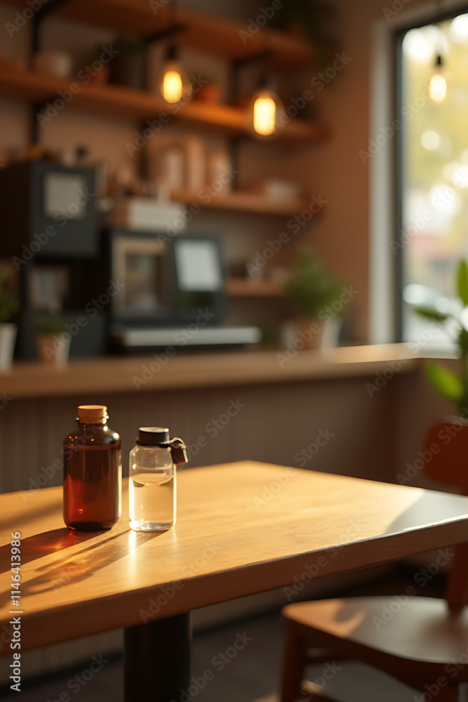 Poster A minimalist wood table in a warm cafe setting with a soft light glow perfect for product display and visuals._00001_