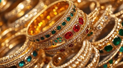 Obraz premium Close-up of luxurious gold bangles adorned with emeralds and rubies.