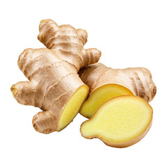 A whole ginger root with a piece sliced off