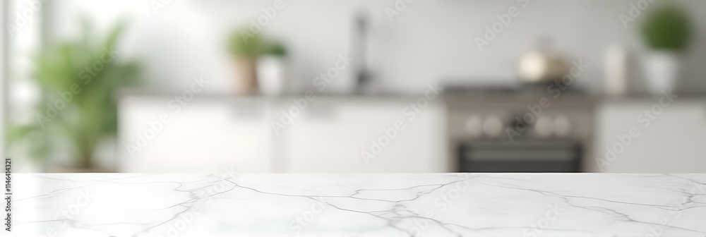 Poster a marble tabletop is centered in a blurry white kitchen room setting with selective focus applied to