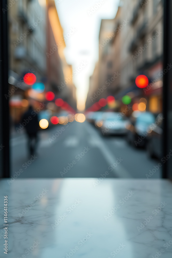 Poster A marble tabletop provides a sharp contrast to the blurred urban landscape visible through the selective focus of a camera lens._00001_