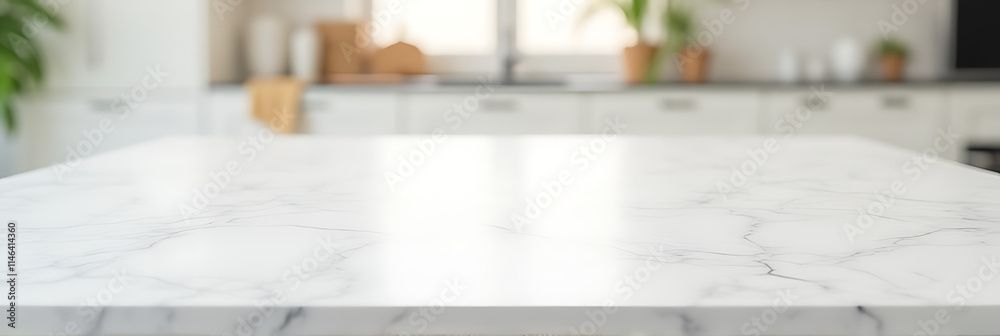Poster A marble tabletop is centered in a blurry white kitchen room setting with selective focus applied to it._00001_