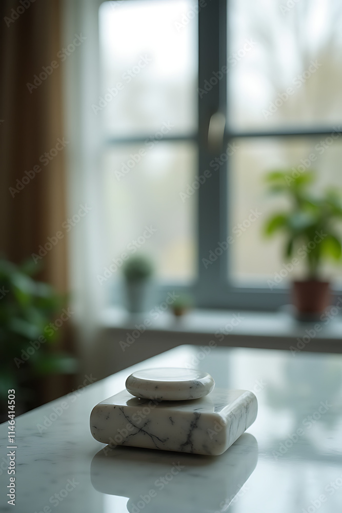 Poster A marble display is subtly placed in the foreground with a blurred window background creating an artistic selective focus effect._00001_