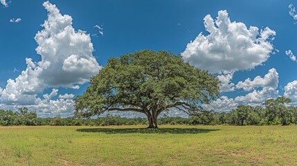 Obraz premium Beautiful Oak Tree in a Green Grassy Field with Blue Sky: Tranquil Nature Landscape, Outdoor Recreation, Environmental Beauty, Rural Tourism Concept