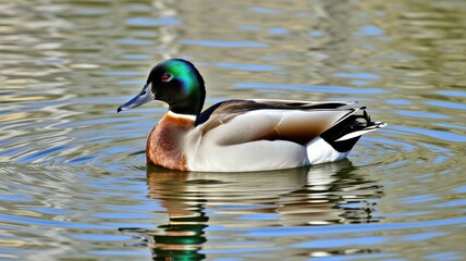 Fototapeta premium Colorful male duck swimming gracefully on a calm lake surface during a sunny day