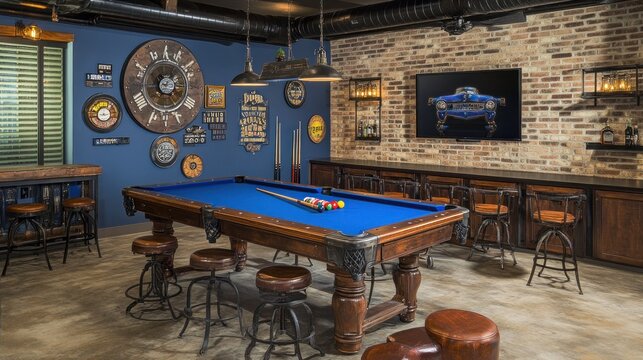 Rustic game room with pool table, bar, and vintage decor.